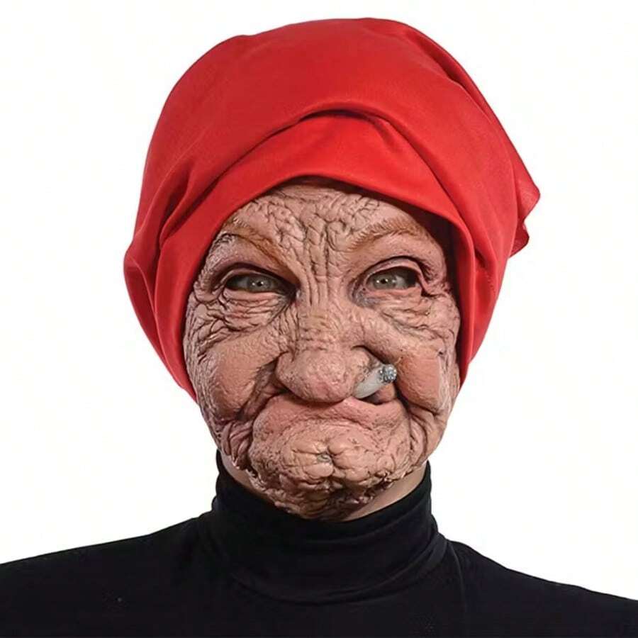 1个小红帽吸烟老太太乳胶面具/老妇人面具，适合万圣节、角色扮演、服装表演和恶作剧。这款古朴、可爱又幽默的头饰是理想的礼物之选。