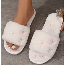 New Stylish Color-Blocked Bowknot Fluffy Slippers For Women, Perfect For Autumn And Winter Indoor Wear, Featuring Plush Lining, Warmth, And Non-Slip Soles. - trắng - Xem 8