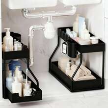 2 Pack Under Sink Organizers Black/White, 2-Tier Large Capacity Pull Out Kitchen & Bathroom Under Sink Drawer Organizer - Space-Saving, Durable Black Storage Solution