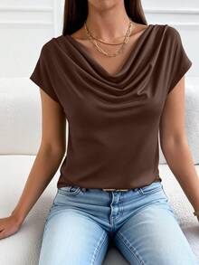 Women's Summer Clothes Tops Dressy Casual Clothing Cowl Neck Short Sleeve Blouses Business Work Office Shirts  Tops For Women - 棕色 - 查看 2