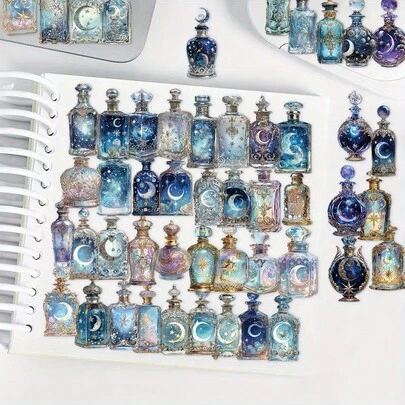 1pc/10pcs/50pcs Vintage Magic Moon Bottle 2D Transparent PET Stickers, Positive Quotes, Suitable For Scrapbooking, Diaries, Water Bottles, Laptops, Phones, Decorations For Weddings, Easter, Carnival, Valentine's Day, Office, Room, Walls, Posters, Back To School, Round Stickers, Tile Stickers, Sticker Book
