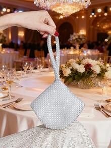 Mini Party Clutch Bag With Rhinestone Decor, Elegant Handbag For Attending Events, Sophisticated Wristlet Purse, Versatile Fashion Small Handbag - Silver - View 4
