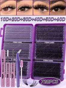 720/684/648/200pcs D-Curl Fluffy Thick False Eyelashes Set, Includes Beginner-Friendly Eyelash Tutorial, Thick & Full DIY Segmented False Eyelashes With Glue, Sealant, Tweezers And Brush, Enlarges Eyes, Lightweight & Reusable, Bulk Single Pair Eyelash Kit, Soft & Natural Mixed Lashes, Creates 5D Volumized Eye Makeup, Suitable For DIY At Home, Travel, Daily Commute, Parties, Weddings, Bridal - Purple - View 5