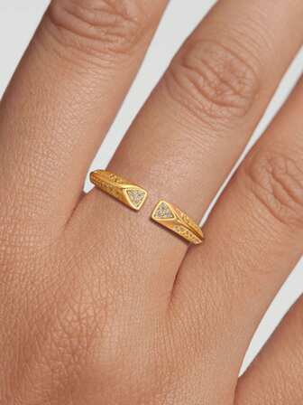 1pc S925 Sterling Silver Geometric Cubic Zirconia Adjustable Open Ring, Gold Plated, Simple & Elegant Fashion Jewelry, Great Gift For Mother, Girlfriend, Friend, Couple, Daily Wear