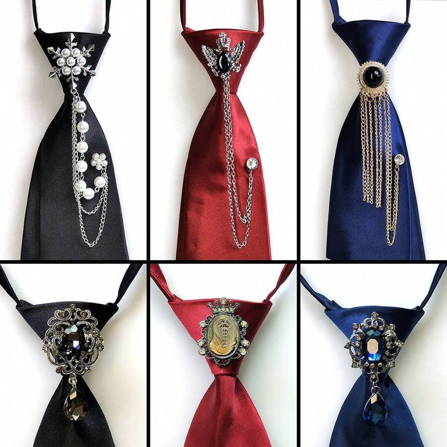 Korean Style Tassel Rhinestone Tie For Women, College Style Korean Version Tassel Rhinestone Short Tie, Fashionable Versatile JK Shirt DK Tie With Rhinestones, Lazy Tie For Men And Women, Couple Style, Suitable For All Seasons - Rượu vang đỏ E-Wine - Xem 1