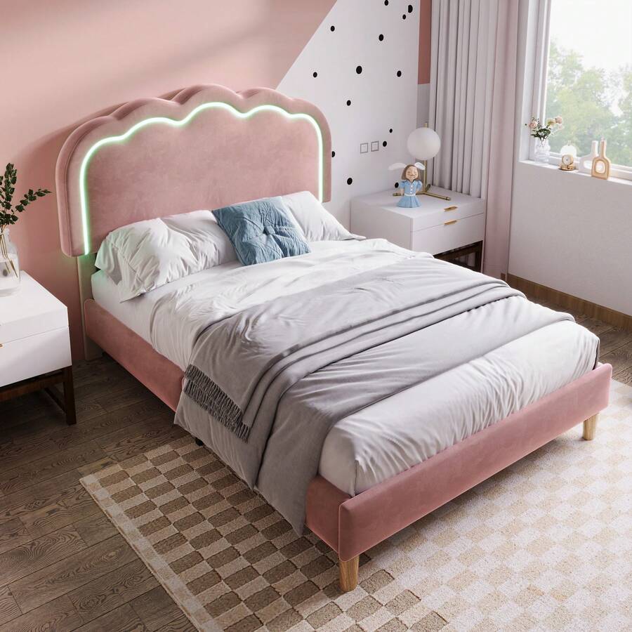 Upholstered Bed With LED Lighting, Single Bed 90 X 190cm, Bed Frame With Slatted Base And Adjustable Headboard, Upholstered Bed In Pink, Bed Frame For Youth Bed In Bedroom Or Guest Room - Velvet - Hot Pink - View 1