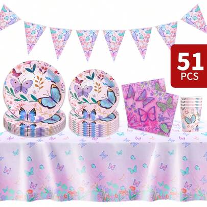 Ethereal Butterfly & Floral Disposable Plate, Napkin, Cup, Tablecloth And Banner Set, Party Supplies Set For 8 Guests, Suitable For Birthday, Wedding, Theme Party, Family Picnic