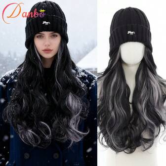 18 Inch Long Curly Wave Wig With Elastic Knitted Cap -Synthetic Blue Highlight Hat Wig For Women High Temperature Fiber, Natural Look For Daily Wear, Basics Style