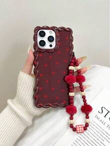 防震酒红色爱心图案新颖手机壳，编织酒红色亮面爱心图案，搭配毛绒珠链，防震手机壳，兼容 14、14 Pro、14 Pro Max、13、13 Pro、13 Pro Max、11、11 Pro Max、12、12 Pro、12 Pro Max、XR、XS、15、15 Pro、15 Pro Max、16、16 Pro、16 Pro Max、17、17 Pro、17 Air、17 Pro Max，春季礼物，生日派对佳品 - 彩色 - 查看 3