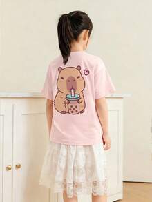 女童和青少年学生休闲印花深灰色圆领短袖T恤，夏季上衣