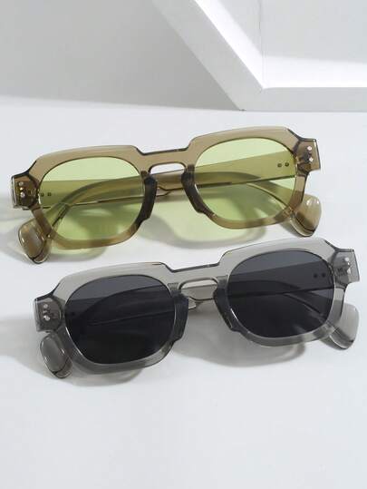 2pcs Men's Polygon Eyeglasses Frame With Thick Rivet Decor, Retro Street Style Glasses