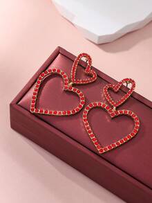一对独特时尚甜美双层红色爱心耳环，红色水钻镶边爱心造型，适合女性日常佩戴、度假、旅行、社交场合、情人节耳环、情侣饰品等。 - 紅色 - 查看 2