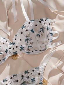 Women'S Sexy Lingerie Set With Double-Color Embroidered Lace Trim, Exotic And Very Sexy Underwear, Adult Novelty Wear, Mature Style, Random Print Pattern, Hollow Details, Lingerie Sets For Women, Lingerie Set With Garter, Exotic Bra, Purple Lingerie Set, Purple Lingerie - 白色 - 查看 6