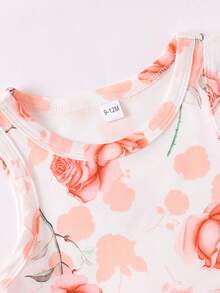 Baby Girls' Casual Cute Rose Flower Print Round Neck Sleeveless Dress, Summer - Pink - View 3