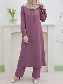 Women's Elegant Fashion Casual Solid Color Ruffle Trim Tie-Up Button Design Long Jacket, Ruffle Trim Lantern Sleeve Maxi Dress And Wide Leg Pants Set, Fashionable Casual Graceful Cute Arabic Style Maxi Dress 2-Piece Set, Suitable For All Seasons - Hot Pink - View 3