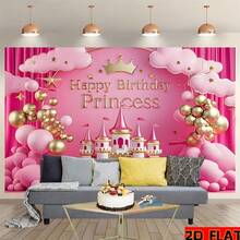 1pc Pink Princess Castle Happy Birthday Party Banner - Fantasy Polyester Backdrop For Room, Wall & Photo Decor, With Gold Balloons, Stars & Flags - Multicolor - View 3