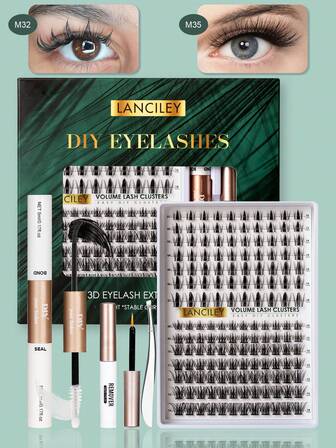 154片装 LANCILEY D型卷翘 M32+M35 睫毛簇，2种款式，漫画风格，单根睫毛簇，10-18mm，单根假睫毛，宽边睫毛簇，浓密型假睫毛，睫毛嫁接套装，含粘合剂、密封剂和卸除剂