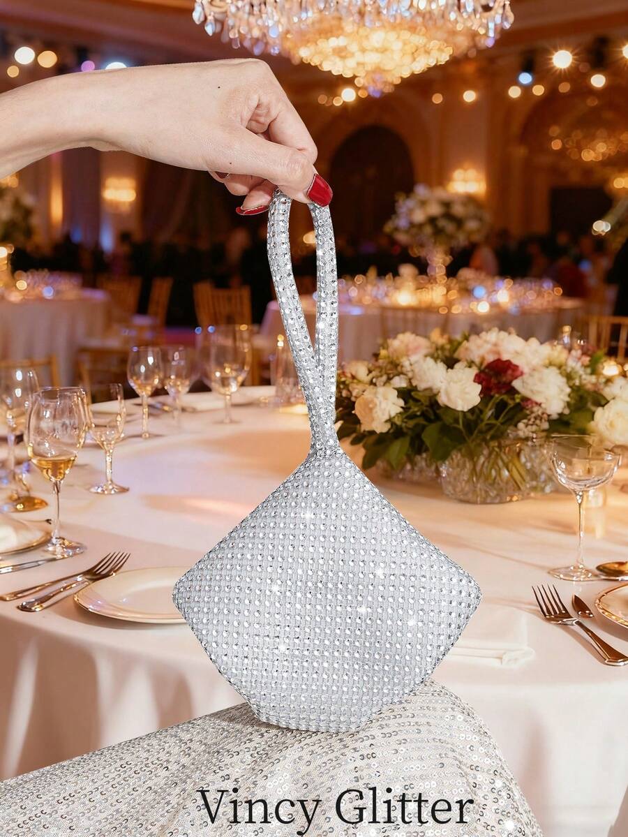 Mini Party Clutch Bag With Rhinestone Decor, Elegant Handbag For Attending Events, Sophisticated Wristlet Purse, Versatile Fashion Small Handbag - Silver - View 1