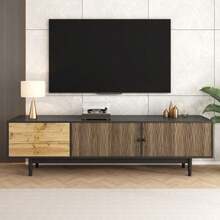 TV Cabinet, Lowboard With Door Panels Featuring A Water Wave Pattern And Three Drawers In A Wood And Black Color Scheme. - 自然色 - 查看 2