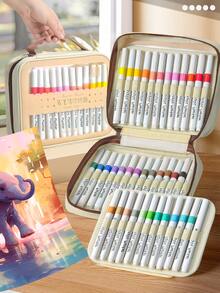1pc Marker Organiser, Portable Art Marker Storage Bag With Clear View Panel And Removable Divider With Carrying Handle, Different Size Organisers Available,Pencil Case,Stationery - Beige - View 2