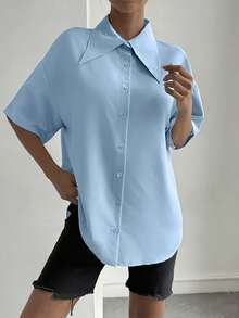 QIANZHIDU Pure Women's Fashion Shirts 2024 Spring Summer Autumn Elegant Half Sleeve Button Up Shirt Office Beautiful Blouse For Women Tops Summer Outfits For Women Spring Outfits For Women Summer Tops Valentine's Day And New Year Outfits - Light Blue - View 4