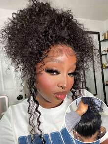 CEXXY 360 Full Frontal Lace Wig, Curly Human Hair Wig, 91 Cm (36 Inches), Water Curly, Ready To Wear, 200% Density, Brazilian Curly HD Lace Hair, Untreated, Natural Hairline With Baby Hairs, Deep Part, Ideal For Everyday Wear And Parties - Natural Black - 查看 1