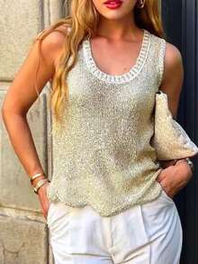 Mejors 女士法式时尚休闲可爱闪亮纹理不对称下摆圆领无袖针织吊带背心，适合度假穿着，夏季必备 - 香檳色 - 查看 6