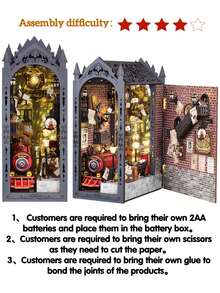 DIY读书角套件，3D木质图书馆书架嵌入式装饰模型套件，适用于卧室，组装模型，DIY手工工艺品，圣诞火车