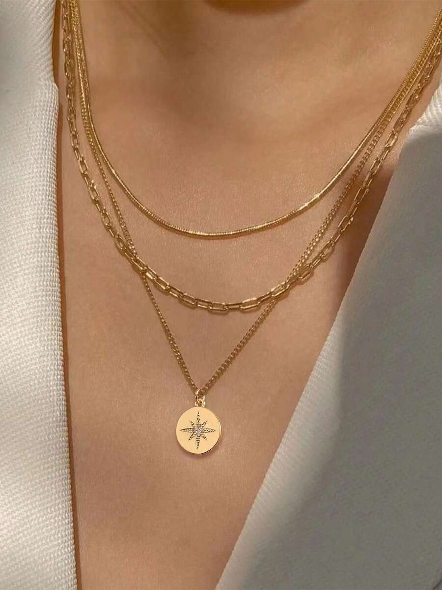 3pcs Layered Snake Bone Chain, Square Paperclip & Sunflower Cubic Zirconia Pendant Necklace, Suitable For Women's Daily Wear - Yellow Gold - View 1