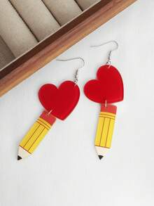 1 Pair Casual Cute Cartoon Pencil & Red Heart Shaped Earrings, Fashion Minimalist Design For Back To School, Teacher's Day - Heart-shaped Pencil - View 4