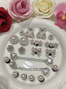 20pcs/Set New Fashion Original Heart Chain Pearl Cute Diamond Bear Series DIY Hole Shoes Decorative Accessories - Diamond Pentagram, Bow, Large Pearl, Detachable Shoe Buckle Accessories, Cute ABS Plastic Pearl Hole Shoes Buckle For Beach, Home, Outdoor, Summer - Ginger - View 5