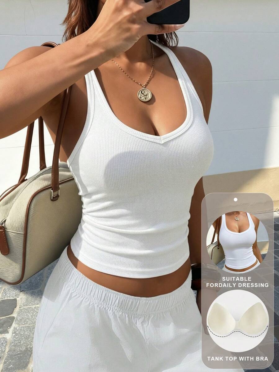 1pc Solid Deep V-Neck White Camisole Top With Built-In Padded Bra, Versatile Casual Minimalist Cup-Shaped, Soft & Comfortable Spring/Summer Undershirt - White - View 1
