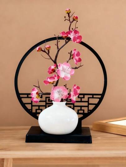 仿真盆栽花卉，模拟盆景装饰，中国新年梅花盆景，中式桌面屏风装饰，适用于餐桌、家居、办公桌装饰，中国新年礼物