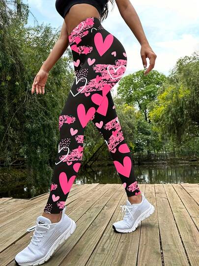 Women's High Waisted Yoga Pants With Heart Print - Stretch Abdominal Control, Hip Lifting, Fitness Training, Running, Cycling Leggings - Comfortable Outdoor Sports Casual Wear Spring