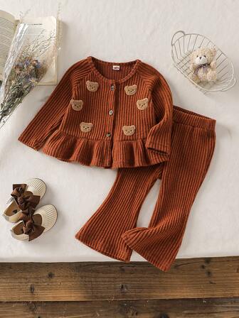 Conjunto informal y lindo para bebé niña, chaqueta de forro polar de punto con gráfico de oso + pantalones acampanados a juego de forro polar