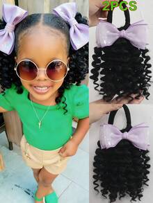 2pcs Ponytail With Yarn Bow Clip Hair 8inch Kids Deep Wave Hair Go Afro Kinky Marley With Elastic For Girls - Natural Black - View 10