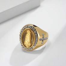 1pc Virgin Mary Shape Rhinestone Inlay Stainless Steel Ring, 18k Gold Plated Hand Accessory - Stainless Steel Ring - View 5