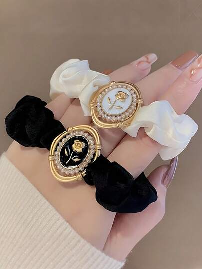 2个优雅黑白玫瑰发圈，复古花卉设计，适合日常佩戴、派对和度假，时尚发饰