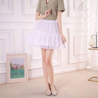 Women's White Lolita Style Petticoat Skirt, Chiffon Fabric, Elastic Waist