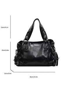 Women's Black Faux Leather Shoulder Bag, Large Capacity Tote Bag With Adjustable Straps, Stylish Hobo Bag For Daily Commute, Travel, Shopping, Featuring Rivet Details And Versatile Design, Vintage Oversized Tote Bag For Woman , Vintage Bag , Y2k , Office , Valentine's Day Gifts - 黑色 - 查看 9