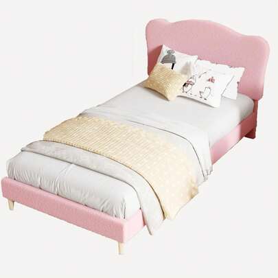 Cama infantil tapizada Twin XL con plataforma: cabecero ajustable con diseño festoneado, tapizado de terciopelo, listones de madera resistentes, soporte silencioso, fácil montaje, no necesita somier. Rosa, Twin XL