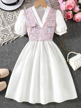 Elegante conjunto de vestido estilo matrona para niñas preadolescentes, diseño dulce, conjunto de 2 piezas de top sin mangas de tweed rosa y blanco con cuello en V + falda acampanada de cintura ceñida con mangas abullonadas, adecuado para fiesta de cumpleaños, recital de piano, ropa exterior