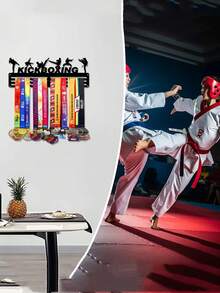 1 pieza Estante metálico para exhibir medallas de Taekwondo de oro, plata y bronce, soporte de pared para almacenamiento y decoración, adecuado para premios deportivos, resistente a la intemperie para exhibición en interiores/exteriores, regalo perfecto para aficionados y campeones deportivos - Negro - Ver 3