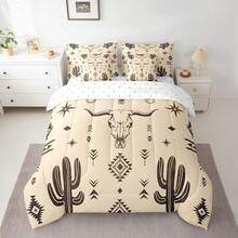 Erosebridal [Retro Bohemian Comforter] Bull Skull Sheet Sets 7 Piece, Western Cowboy Comforter Set Vintage Southwestern Bedding Set Bohemian Geometric Cactus Bed In A Bag Exotic For Bedroom Decor, Khaki For Valentine's Day Gift, Birthday Present, Housewarming - 卡其色 - 查看 2