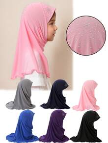 1件装 3-8岁女孩水晶亚麻太阳钻石头巾，可爱帽子围巾，春夏女孩头巾，伊斯兰头巾，带水钻 - 1PC - 查看 1