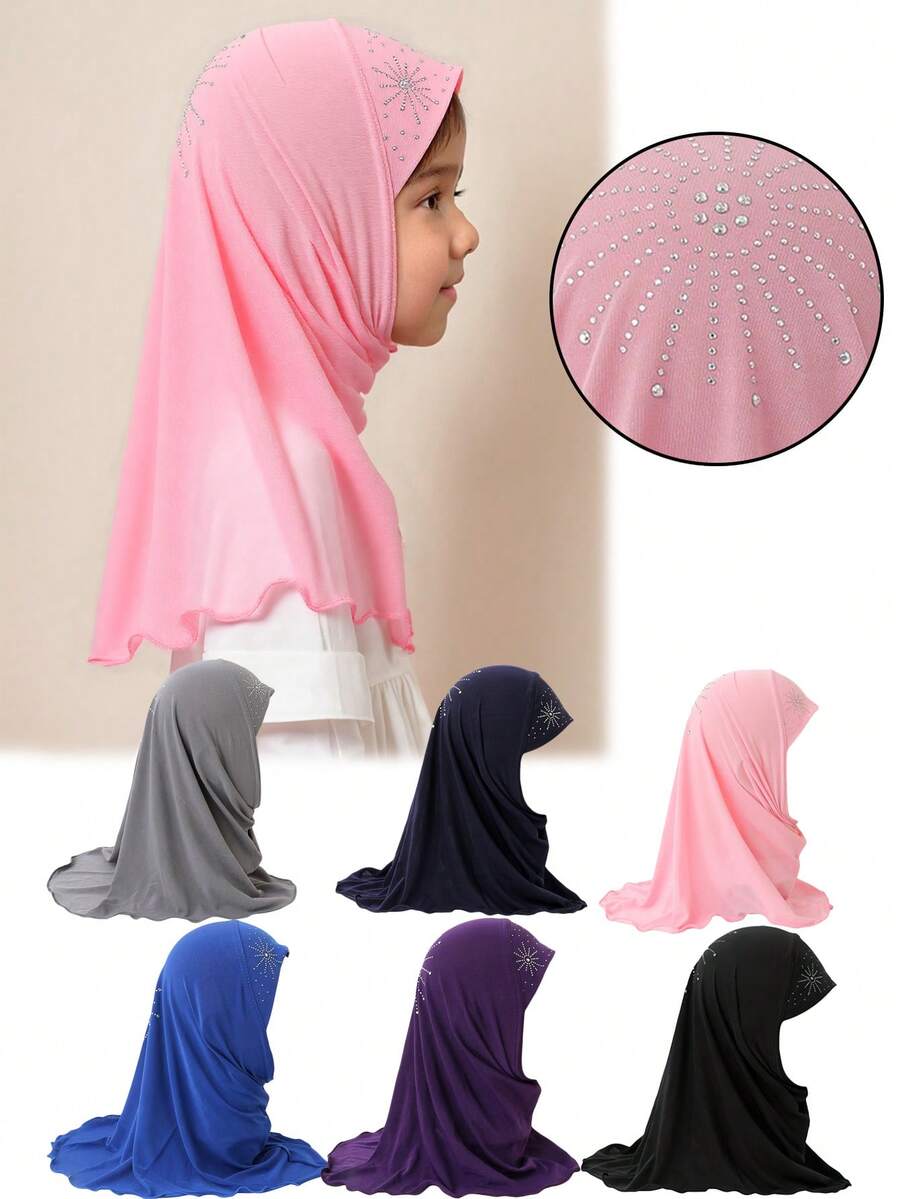 1件装 3-8岁女孩水晶亚麻太阳钻石头巾，可爱帽子围巾，春夏女孩头巾，伊斯兰头巾，带水钻 - 1PC - 查看 1