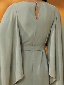 Women's All-Season Elegant Chic Luxury Modest Glamour Chiffon Embellished Beaded Sequined V-Neck Batwing Sleeve Self-Tie Waist Sage Green Silver Flowy Flattering Kaftan Maxi Dress Evening Formal Party Wedding Guest Gala - Silver - View 2