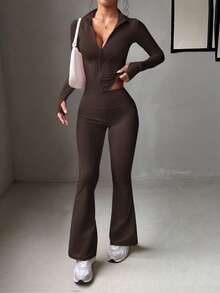 Aoqta 女士两件套运动服，纯色长袖拉链上衣搭配高腰修身裤，适合户外健身、跑步、瑜伽等运动，春夏款。 - 棕色 - 查看 4