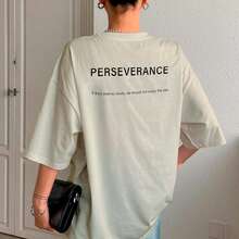 T-Shirt With "Perseverance" Print Lettering. Minimalist, Casual, Modern, Sophisticated, Simple, Basic, Summer, Oversized. - Cream - View 9