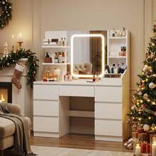 Devoko Vanity Unit With LED Lighting, 3-Stage Brightness Control, Vanity Unit With Adjustable Mirror, 7 Drawers And Open Shelves, Modern Wooden Dressing Table For The Bedroom, Stylish Contemporary Design, Stepless Dimming, White/Pink/Black - White - View 2